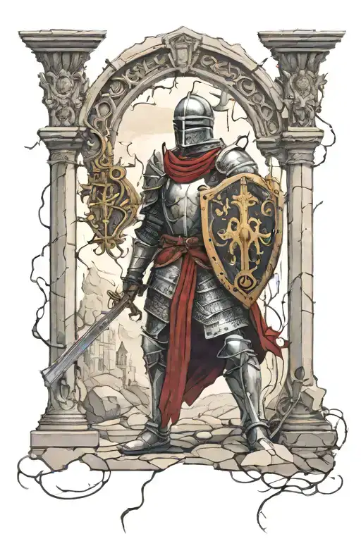 A knight in broken armor stands before the gates of heaven tattoo design idea