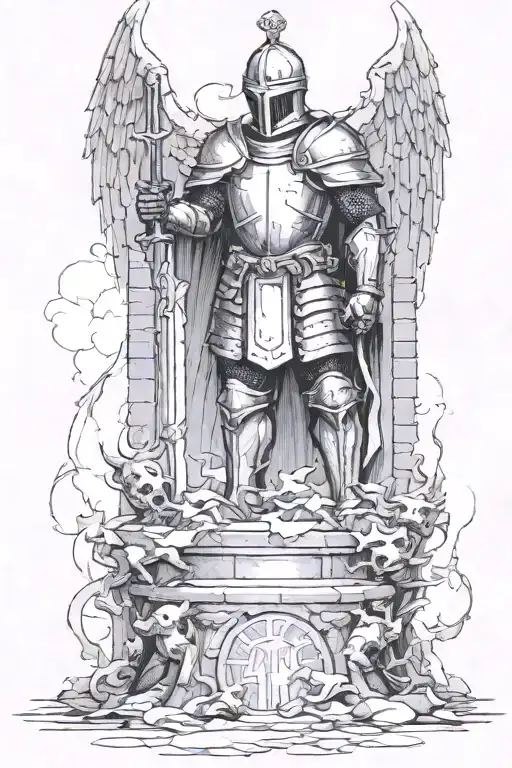 A knight, turned with his back in broken armor, standing on a pile of demons, looks at the gates of heaven which are a l tattoo design idea