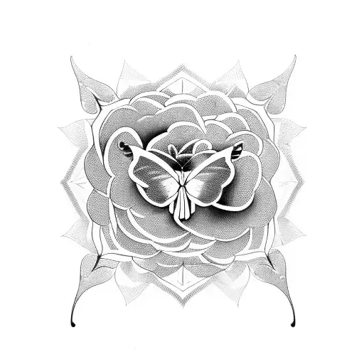 A blackwork tattoo of a geometric design incorporating ivy leaves and roses with butterfly landing on rose tattoo design idea