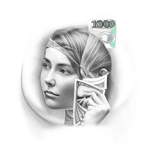 woman face with a 100 dollar bill as blindfold tattoo design idea