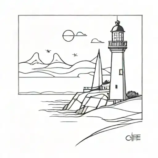 lighthouse on cliff with sailing boat sailing tattoo design idea