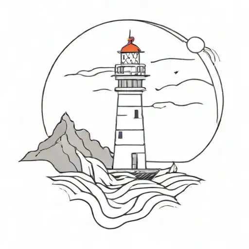 lighthouse on rock with waves and boat sailing tattoo design idea