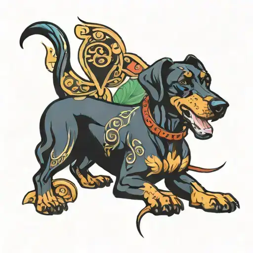 traditional doberman tattoo but a sausage dog wearing tattoo design idea