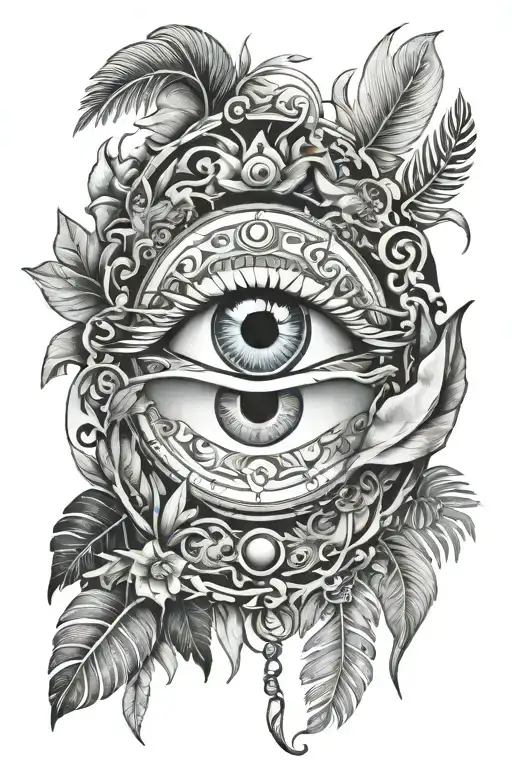evil eye surrounded by a wild jungle with animals fighting around tattoo design idea
