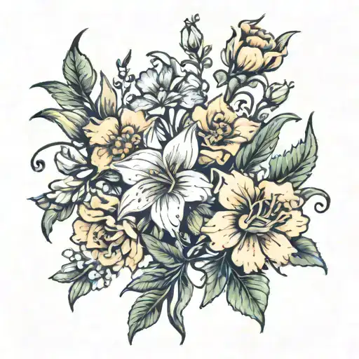 marigold, gladiolus, sweetpea, honeysuckle flowers tattoo design idea