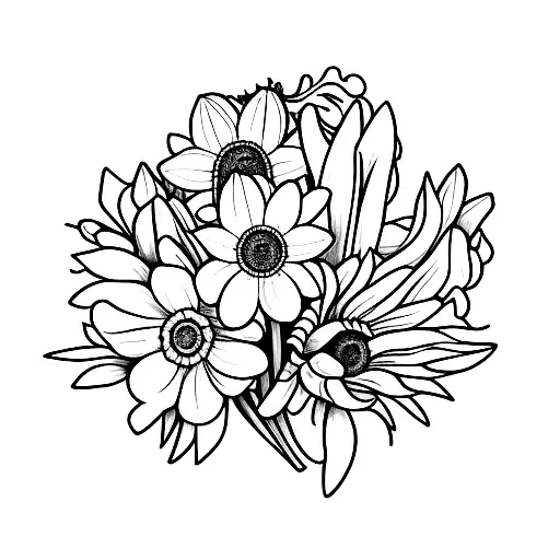 flower boquet. Including a daffodil, daisy, lily, Chrysanthemum, and narcissus tattoo design idea