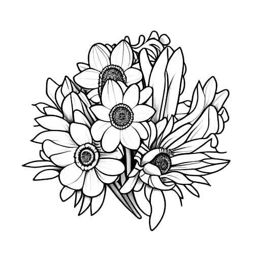 flower boquet. Including a daffodil, daisy, lily, Chrysanthemum, and narcissus tattoo design idea