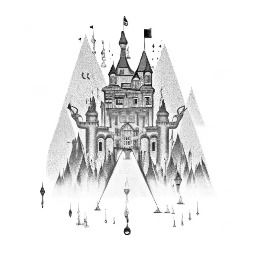 A castle surrounded by soundwaves and musical instruments tattoo design idea