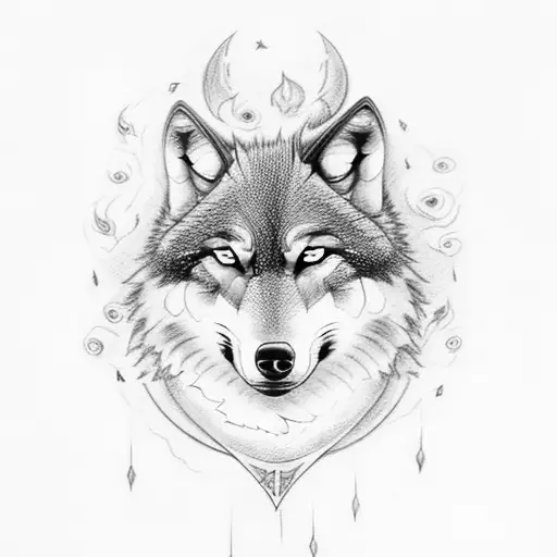 wolf with blue eyes and sword on side with fire and smoke and some rose tattoo design idea