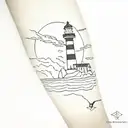 ship, sea, lightning, lighthouse tattoo design idea