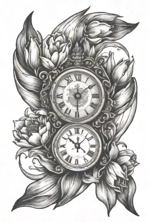 clock face with roman numerals surrounded by tulips with a single angle wing  tattoo design idea