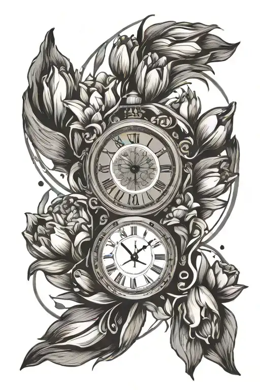 clock face with roman numerals surrounded by tulips with a single angle wing  tattoo design idea
