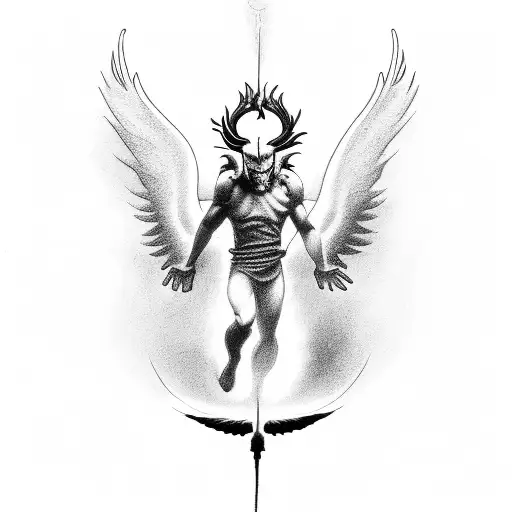 A minimalist interpretation of Lucifer falling from heaven, focusing on the silhouette and dramatic lighting tattoo design idea