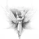 A minimalist interpretation of Lucifer falling from heaven, focusing on the silhouette and dramatic lighting tattoo design idea