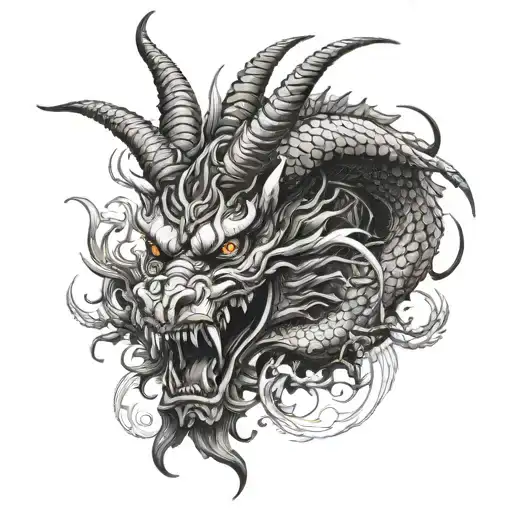 japanese dragon with four horns hair hands claws detailed blackwork tattoo face centered  tattoo design idea