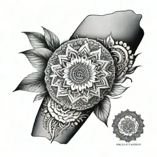 arm sleeve with mandala pointillism technique and protection symbols tattoo design idea