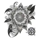 arm sleeve with mandala pointillism technique and protection symbols tattoo design idea