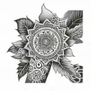 arm sleeve with mandala pointillism technique and protection symbols tattoo design idea