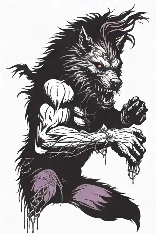 werewolf howling with chains wrapped around his hands and chest and purple mist coming from his eyes and hands tattoo design idea
