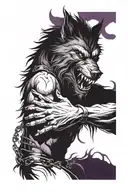 werewolf howling with chains wrapped around his hands and chest and purple mist coming from his eyes and hands tattoo design idea