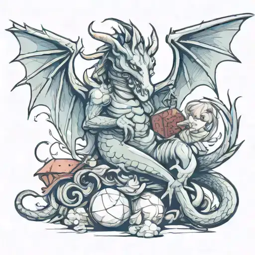 A mystical dragon holding a philosopher's stone angel laying tattoo design idea