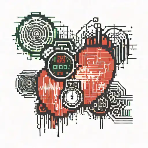 A pixel art world map with a heart rate monitor line circling around it and a significant date in binary code tattoo design idea
