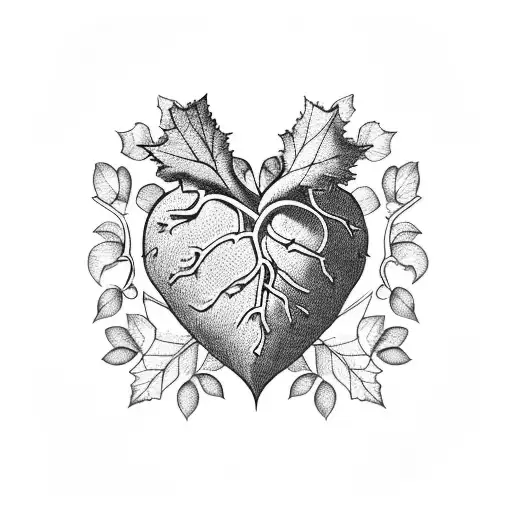 Heart with wine leaf grapes tattoo design idea