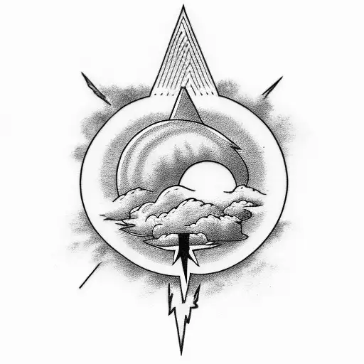 cloud storm with lightning an a sun behind tattoo design idea