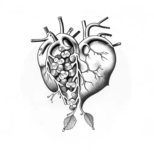 anatomical heart with flowers grapes and leaves tattoo design idea