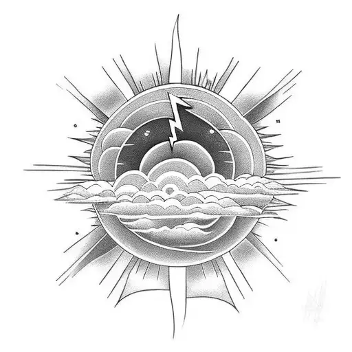 cloud storm with lightning an a sun behind tattoo design idea