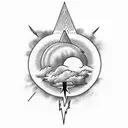 cloud storm with lightning an a sun behind tattoo design idea