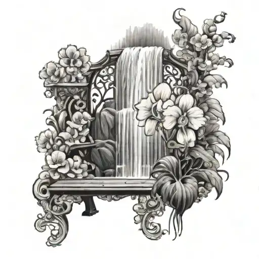 A Waterfall with a Garden consisting  of Orchids and Carnations with a Bench seat of a silhouette of a Grandfather and g tattoo design idea