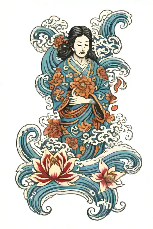 japenese flowers and waves with the sacred heart of jesus christ  tattoo design idea