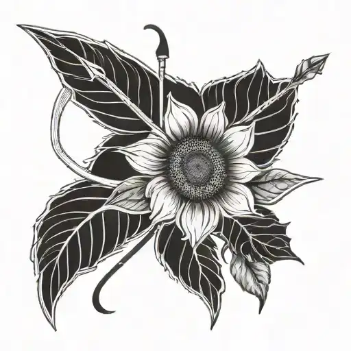 A dotwork tattoo of a sleek bow and arrow design, with sunflowers intertwined in the design tattoo design idea