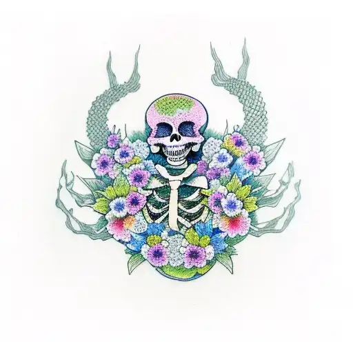 skeleton praying with flowers tattoo design idea