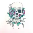 skeleton praying with flowers tattoo design idea