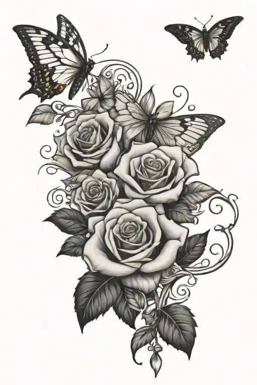 Vines, rose, butterfly, white dove, dagger, cross tattoo design idea