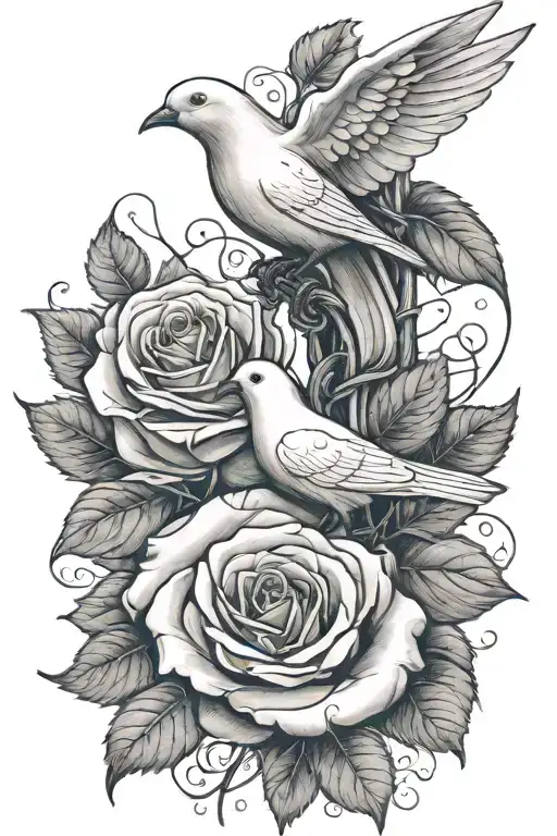 a rose stemming from a vine wrapping around the forearm, with a cross and a white dove tattoo design idea