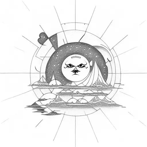 sea, mountain, sun moon tattoo design idea