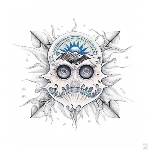 sea, mountain, sun moon tattoo design idea