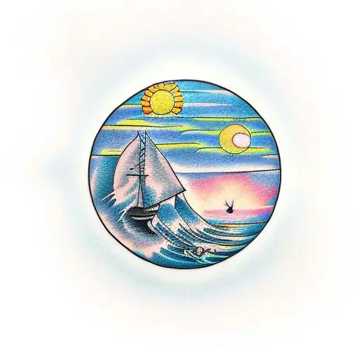 sea, mountain, sun moon tattoo design idea