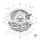 sea, mountain, sun moon tattoo design idea