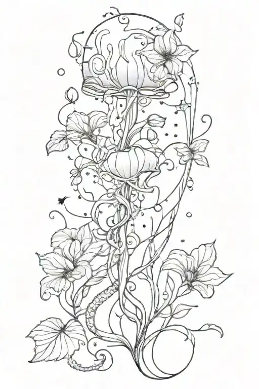 arm sleeve featuring a vining plant, stars,  a jelly fish,  in black and white tattoo design idea