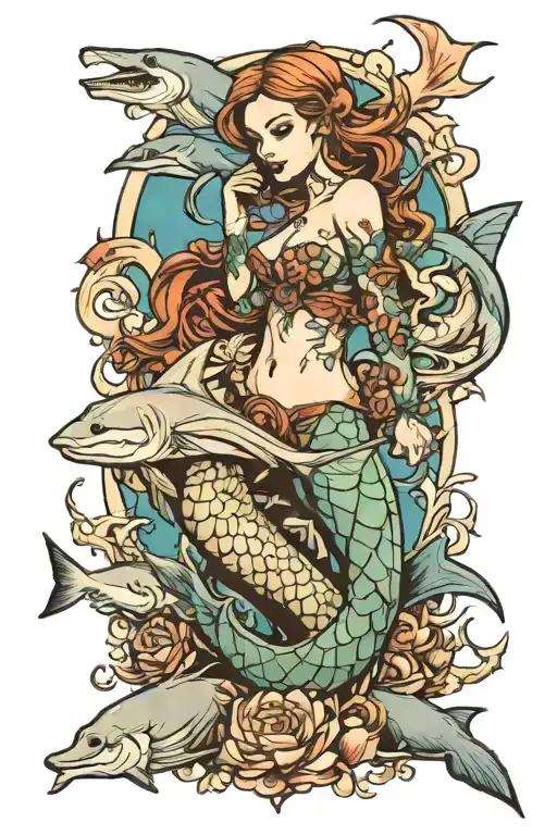 mermaid and hammerhead shark tattoo design idea