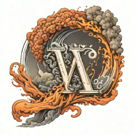 The letter V with a volcanic eruption and swirling tornado inside tattoo design idea