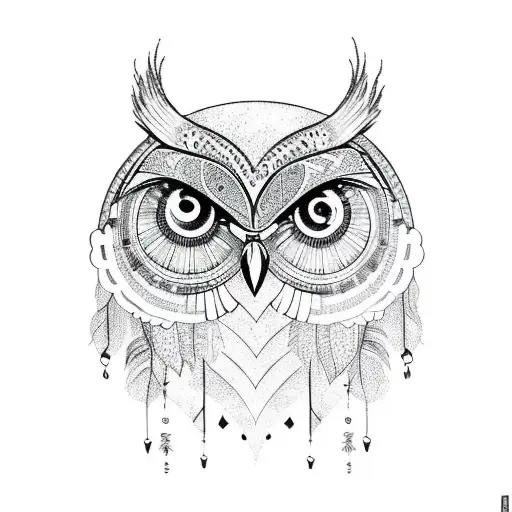 A sketch-style tattoo of a henna-inspired owl, merged with a dreamcatcher,surrounded by water waves  tattoo design idea