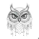 A sketch-style tattoo of a henna-inspired owl, merged with a dreamcatcher,surrounded by water waves  tattoo design idea