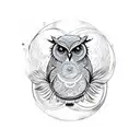 A sketch-style tattoo of a henna-inspired owl, merged with a dreamcatcher,surrounded by water waves  tattoo design idea
