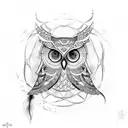 A sketch-style tattoo of a henna-inspired owl, merged with a dreamcatcher,surrounded by water waves  tattoo design idea