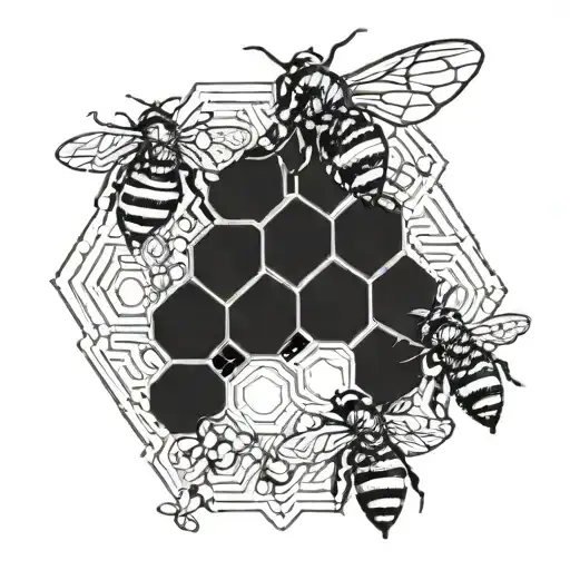 A geometric hexagon pattern incorporating  in one hexagon bees in a honeycomb and honey dripping out  in blackwork style tattoo design idea